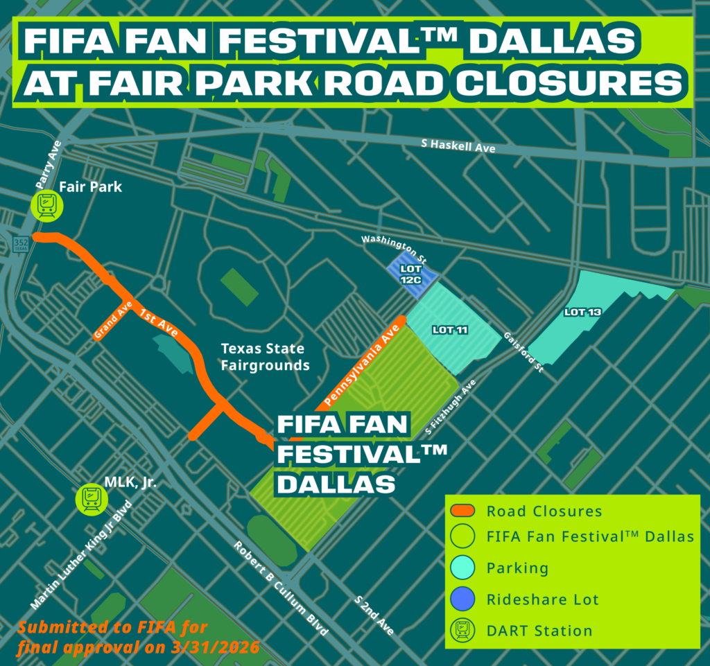 FIFA Fan Festival at Fair Park road closure map.png